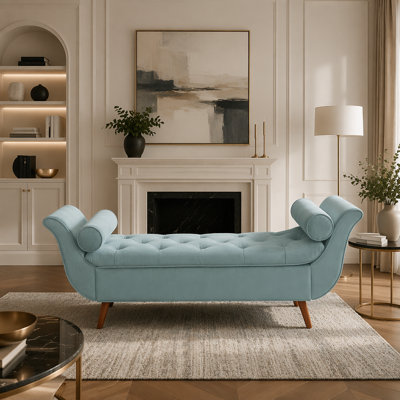 Banc long capitonné rétro de 65 pouces avec repose-pieds en velours avec design rétro et tabouret de style Mid-Century moderne pour le salon, le vestibule de la chambre à coucher