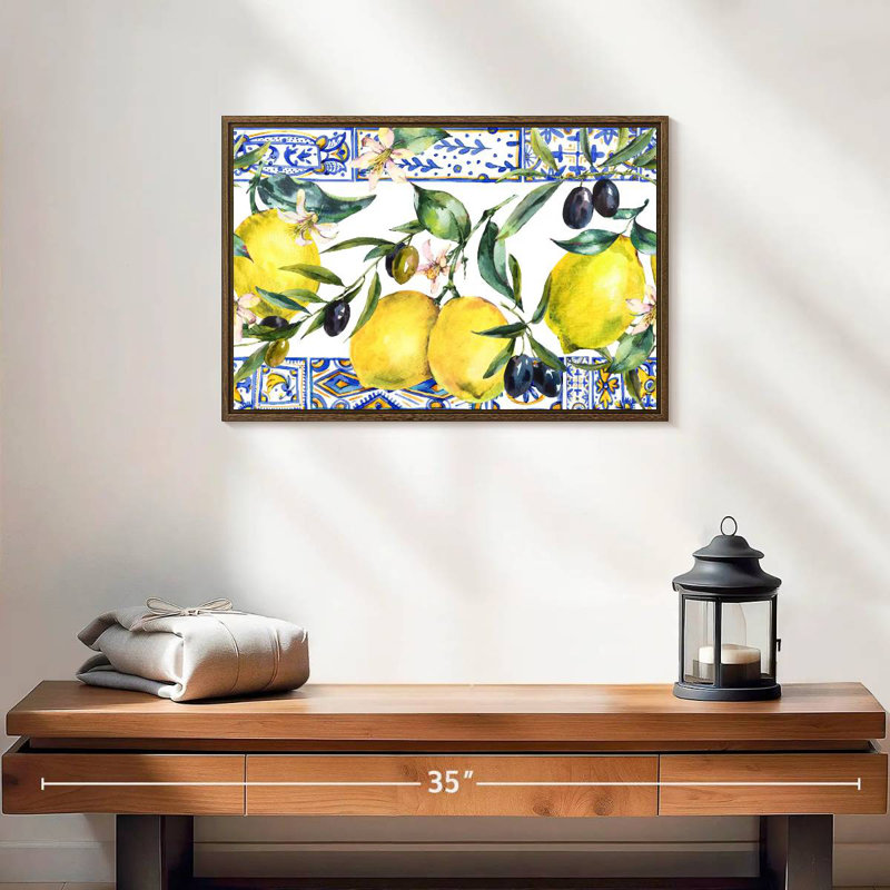 Citrons et olives, 19 po x 13 po, Cadre flottant noyer