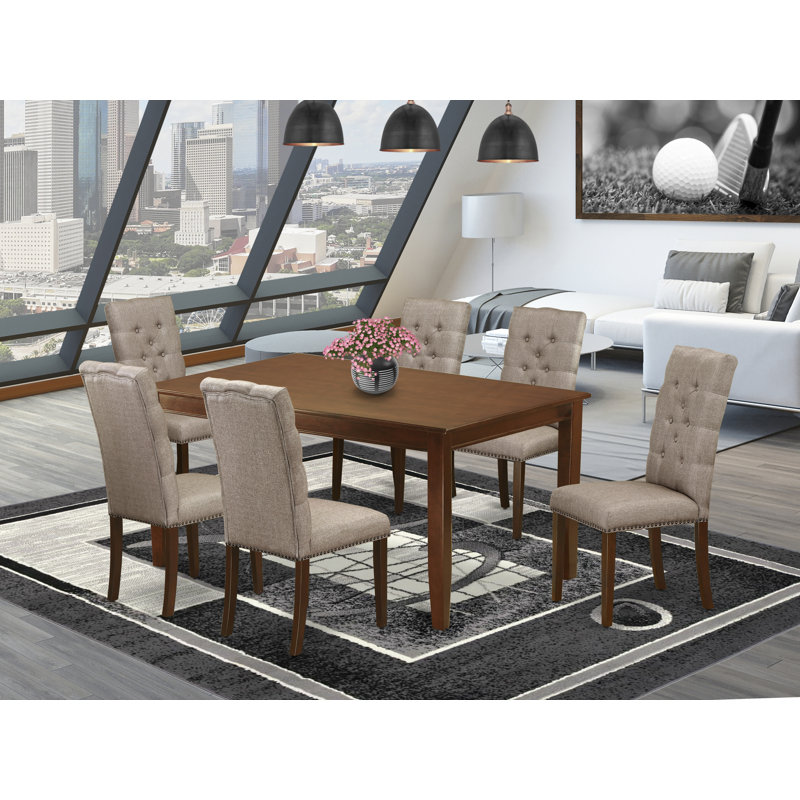 7 Piece Dining Room Table Set Consist of a Rectangle Kitchen Table and 6 Dark Khaki Linen Fabric Parson Dining Chairs, Mahogany