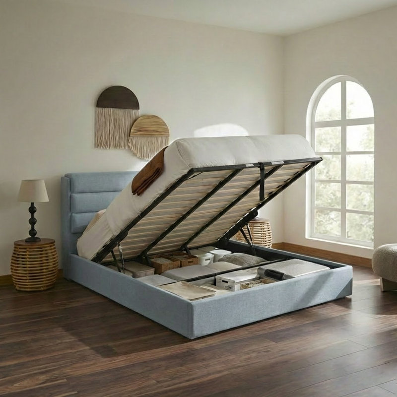 Lit plateforme tapissier avec rangement relevable, Très grand, Bleu pastel