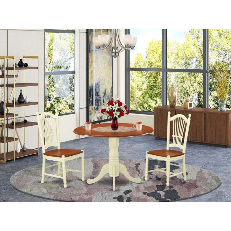 3 Piece Dining Room Furniture Set Contains a Round Kitchen Table with Dropleaf and 2 Dining Chairs, Buttermilk & Cherry