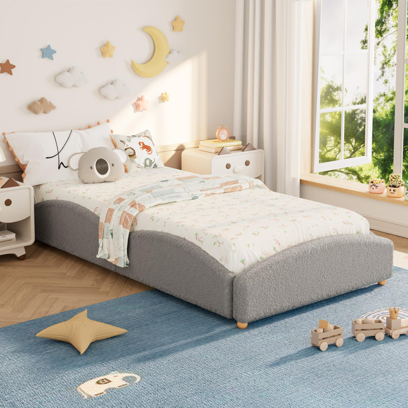 Lit de sol rembourré pour lit d'enfant avec garde-corps et profil bas, Lit simple, Gris