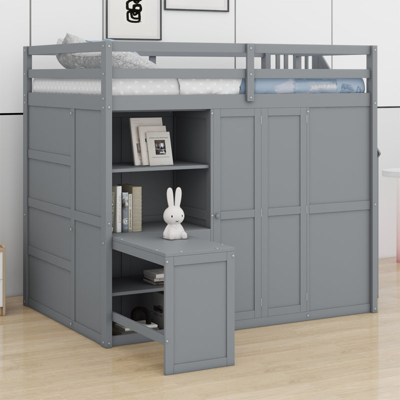 Lit mezzanine avec garde-robe, bureau et tablettes, Gris