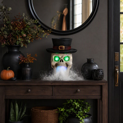 Victorian Gothic Skull Halloween Decoration with Top Hat, Haunted Tabletop Accent with Mist Effect