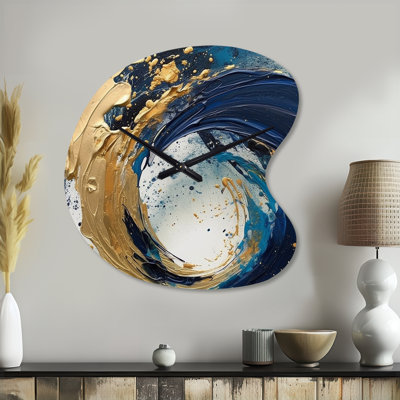 Dark Blue and Gold Strokes VI - Abstract Asymmetrical Metal Clock, Blue Unique Shape Metal Clock Print