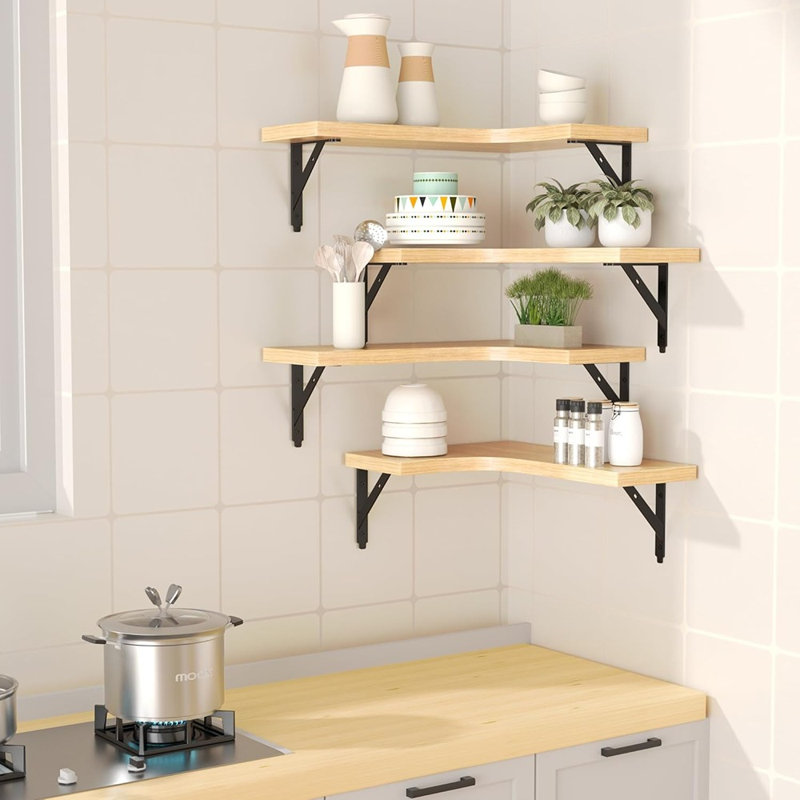 Ensemble de 4 tablettes d'angle flottantes en bois rustique pour salle de bain, cuisine, chambre à coucher, salon et bureau