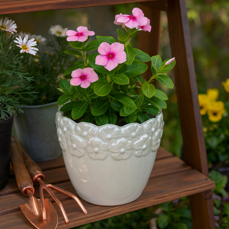 Embossed Floral Ceramic Planter for Outdoor & Indoor Planter Styling - Elegant Flower Pot for Home Decor in Living Room or Patio - 6", Ivory & Tan