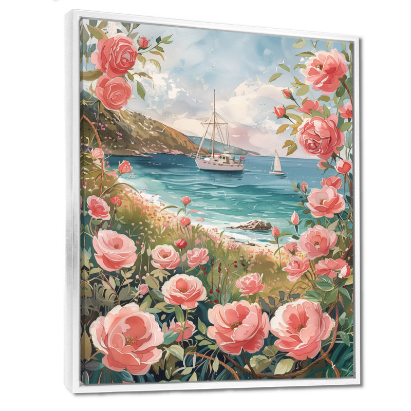  «Pink Rose Garden Coastal Beach - Art mural côtier, H 24 po x l 32 po x P 1 po, Toile encadrée flottée blanche