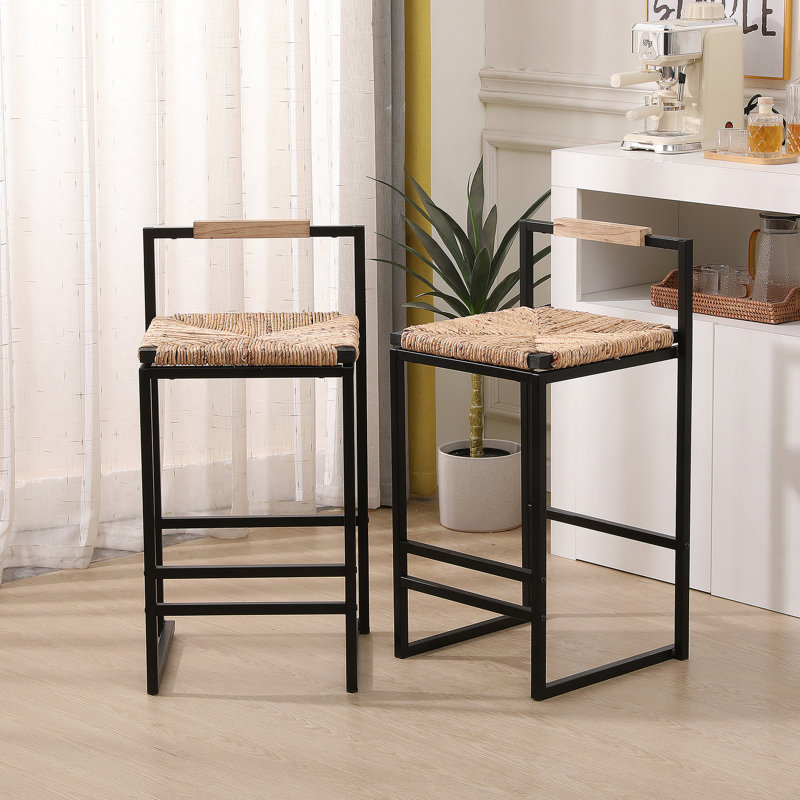 Set Of 2 Water Hyacinth Woven Bar Stools With Back Support Counter