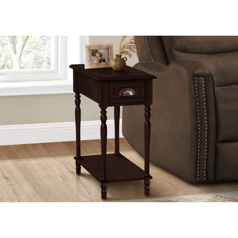 24 po Table d'appoint haute, placage brun pour la chambre à coucher et le salon, table d'appoint étroite avec rangement, 2 niveaux, tablette inférieure classique, tiroir de rangement,