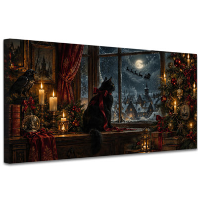 Art mural gothique de Noël sur toile, chat noir à une fenêtre de fête victorienne pour le salon ou le vestibule, décor de fête victorienne, galerie tendue, prête à être suspendue, 20 po x 40 po