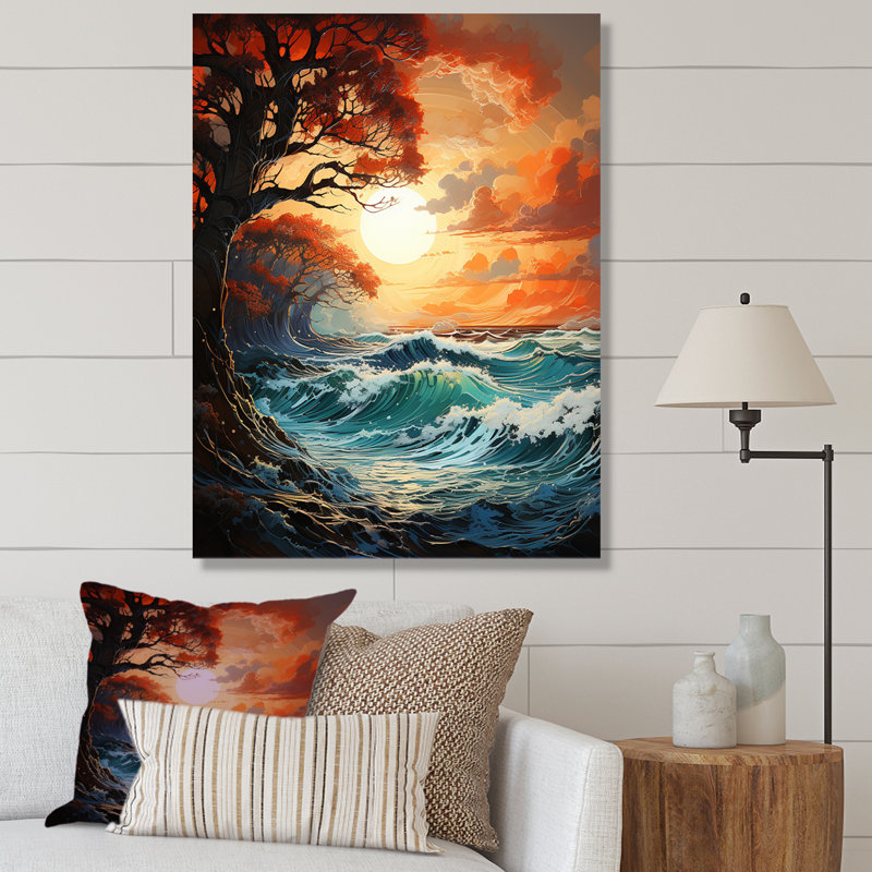 Coucher de soleil sur les vagues côtières - art mural abstrait, H 20 po x l 12 po x P 1 po, Cadre flottant noir