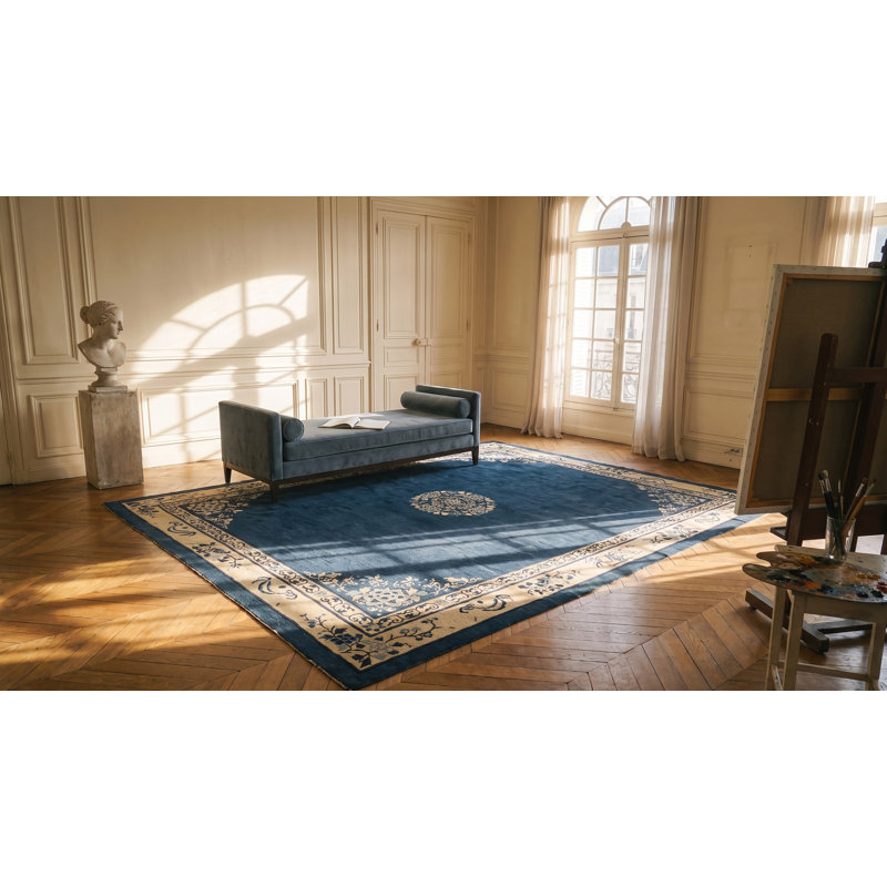 Antique Peking Chinese Floral Blue Navy, Ivory Beige Cream White 1920s Rug
