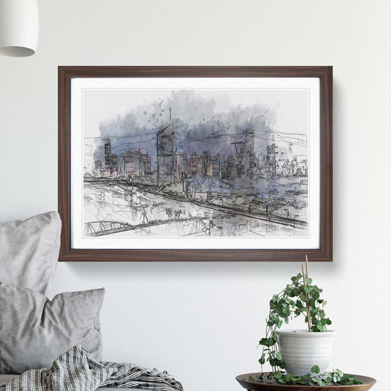 Brisbane City Skyline Australia in Abstract - Picture Frame Graphic Art Print, 62cm H x 87cm W x 2cm D, Walnut Framed