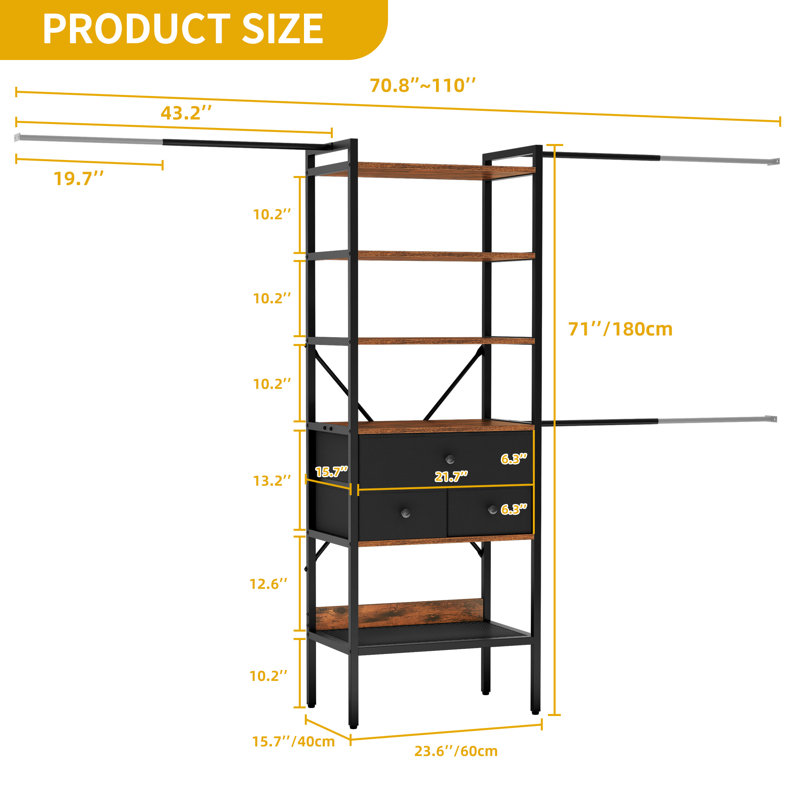 Sanak 70.8'' - 110'' Closet System, Black/Brown