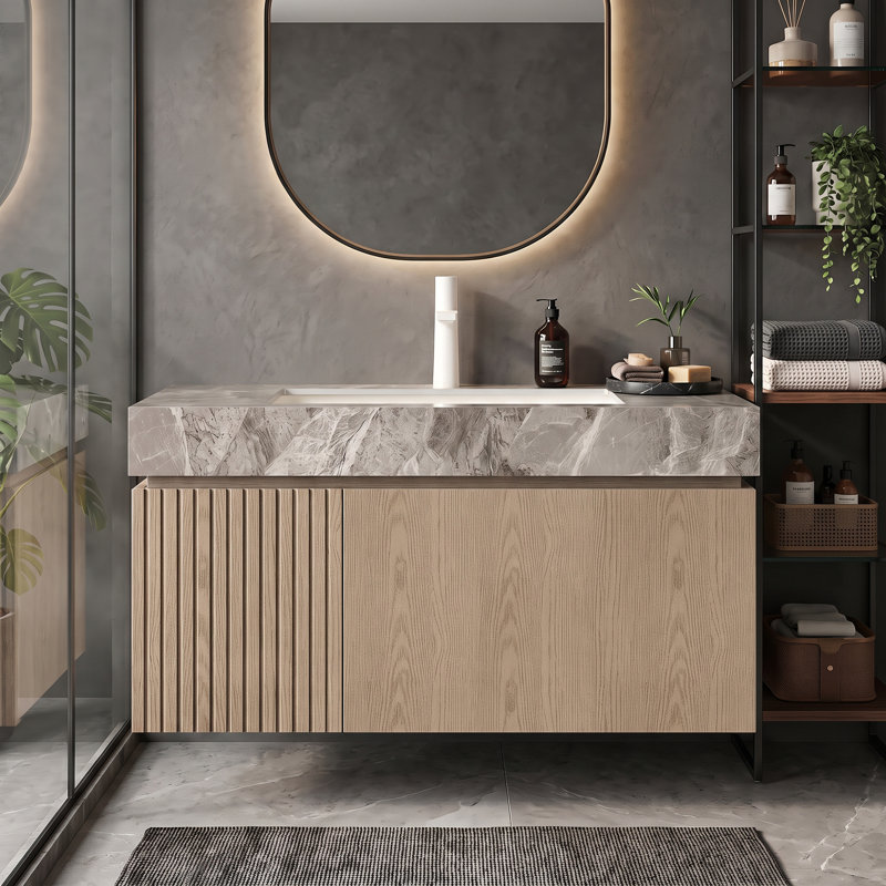 Meuble-lavabo mural simple 36 po avec surface solide 36 po, Marron clair