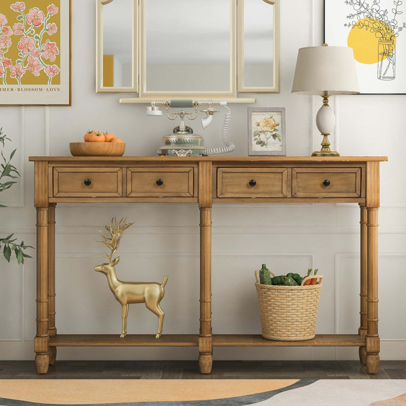 Console Guliana de 58 po, canapé classique avec deux tiroirs de rangement et tablette inférieure, structure en bois massif, style campagne moderne, salon et entrée