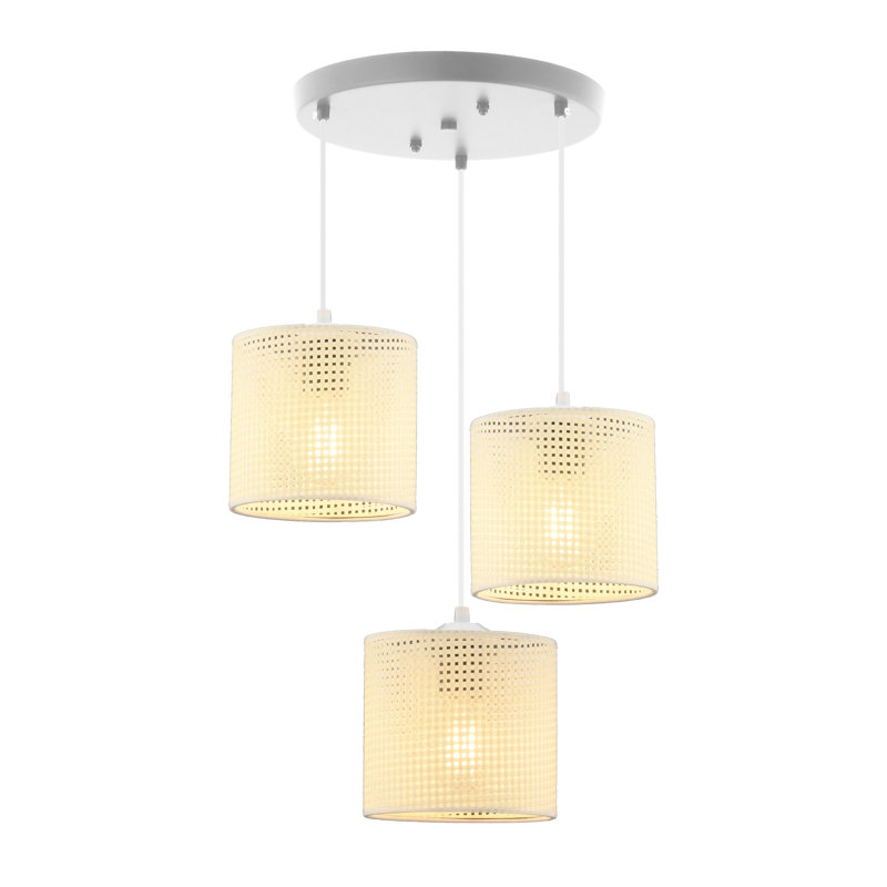 Elegant Metal Chandelier with 3 Cotton Shades, White & Cream, 23.6 x 23.6 x 5.5 inches | CE Certified, E27 Socket, Max 60W | Perfect for Dining Room, Living Room, or Entryway – Stylish & Functional Lighting Solution