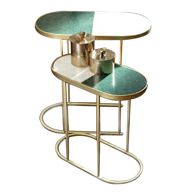 Iron Oval Nesting Tables with 2-Tone Inlay Marble Tops