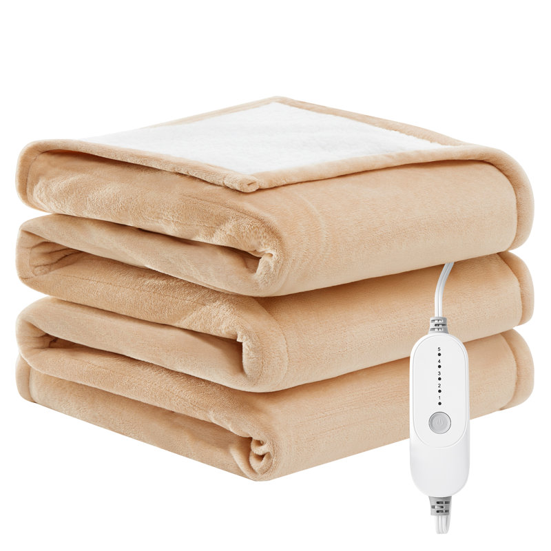Couverture chauffante en flanelle et en peau d'agneau, Lit double, Beige