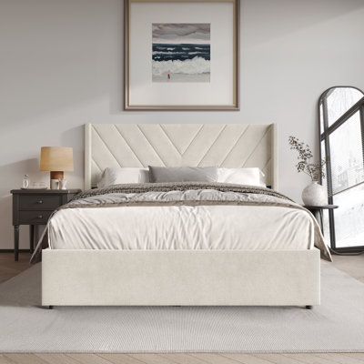 FULL SIZE WINGBACK PLATFORM LIFT UP STORAGE BED IN BEIGE VELVET