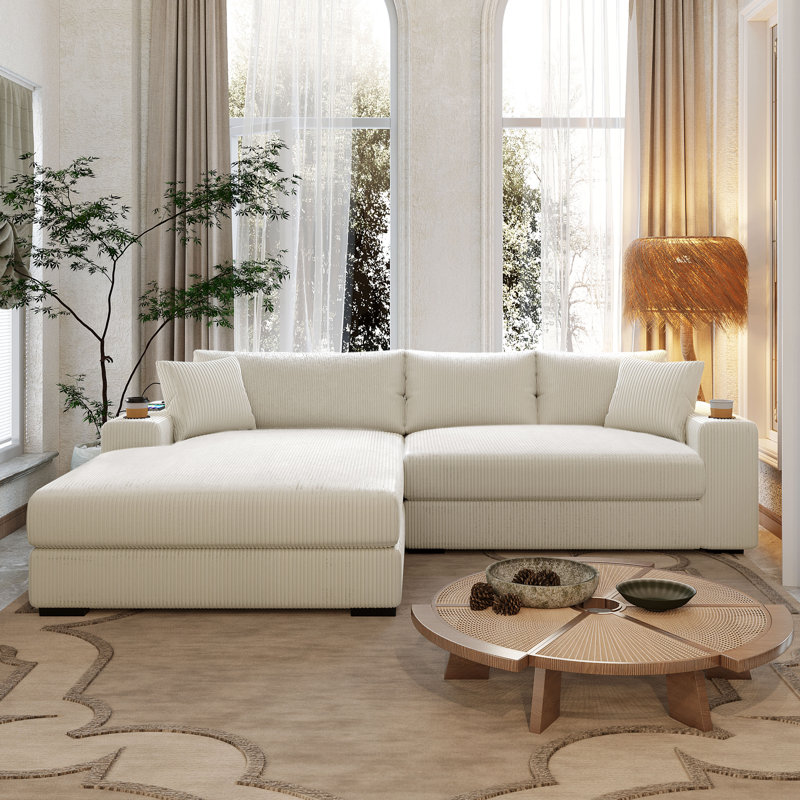 Landry Corduroy Sectional Sofa With Cup Holders & Charging Ports, Beige
