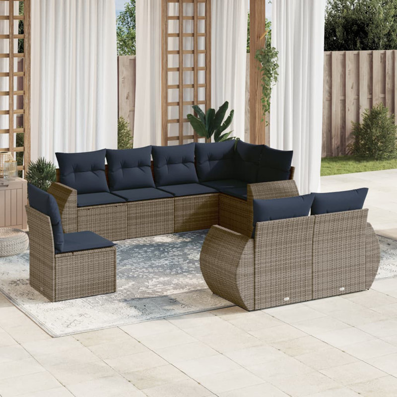  Ensemble de canapé de patio 8 pièces avec coussins en rotin de polyester gris, Gris, Marine