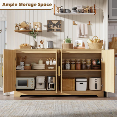59" Rattan Sideboard Buffet Cabinet - Large Storage Cabinet with 4 Doors, Modern Console Table Accent Coffee Bar Cabinet for Living Room, Kitchen, Hallway, Dining Room