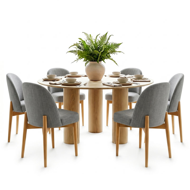 Modern 7-Piece Round Dining Set With Multi-Pedestal Base Table And Upholstered Wood-Leg Chairs, Gray
