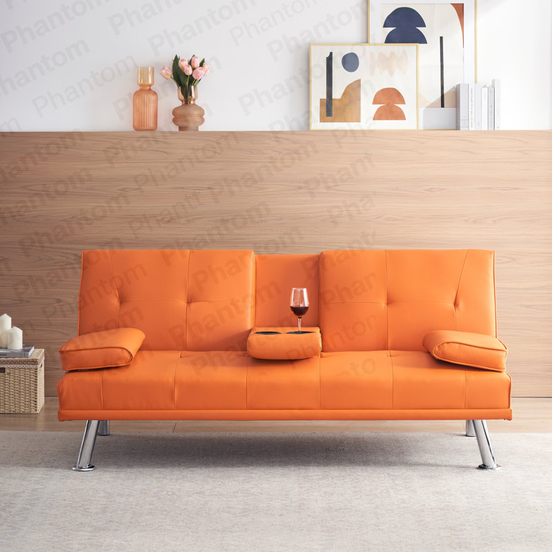 Canapé-lit de bureau 67 po en cuir orange double pliable avec table basse 67 po