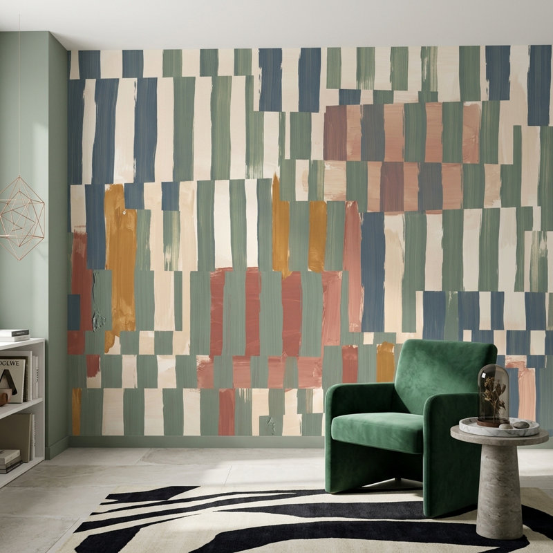 Murale avec blocs de couleur peints géométriques et coups de pinceau, 100 po x 96 po, Non tissé