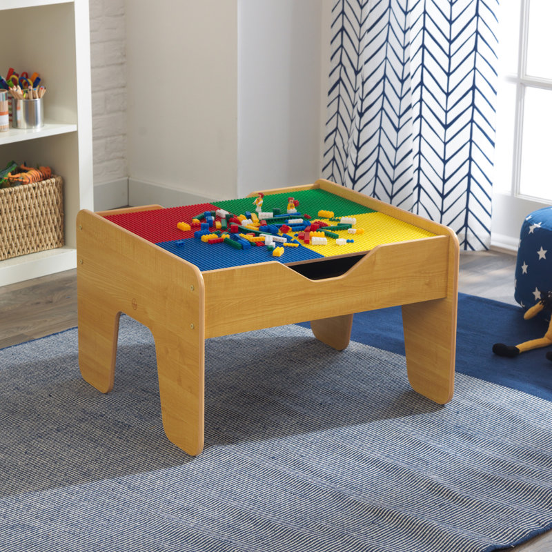 2-in-1 Wooden Activity Table with Board, Train Set and 195 Bricks, Natural