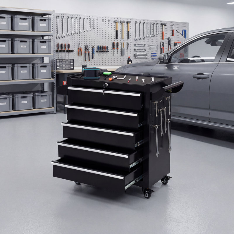  Armoire à outils 5 tiroirs avec rangement verrouillable et roulettes, Noir