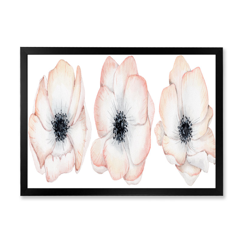 Aquarelle, anémone et fleurs roses - Peinture sur toile, H 34 po x l 44 po, Cadre d'angle fermé noir