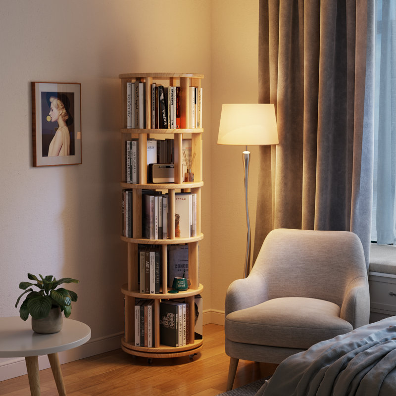 Bibliothèque en bois massif pivotante à 360 ° Oliver, équipée de roues de frein, permettant un ajustement flexible, Tanné