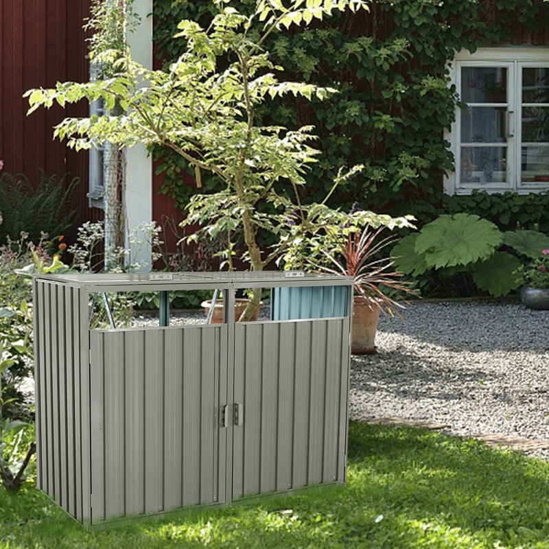 Garbage Bin Shed Stores 2 Trash Cans Metal Outdoor Bin Shed