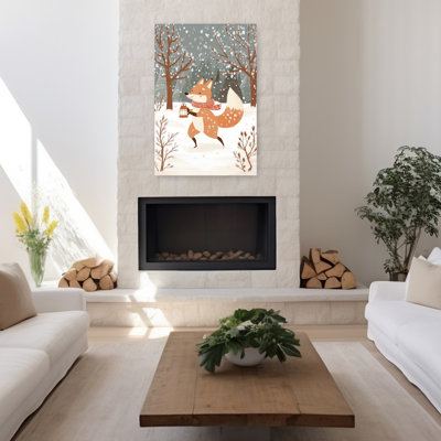 Hiver, renard avec lanterne fantaisiste, abstrait contemporain, forêt naturelle, reproduction d'art mural