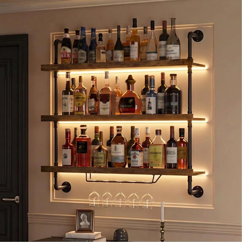 Support à vin mural avec lumières DEL, 23,6 W, Noir, noyer