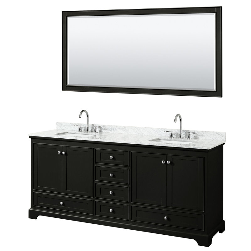 Ensemble de meuble-lavabo double 80 "avec miroir Deborah, Espresso foncé, Marbre de culture de Carrare, Chrome poli