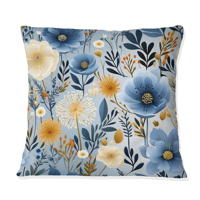 Motif floral chic et bohème bleu - Coussin décoratif à imprimé floral, H 16 po x l 16 po