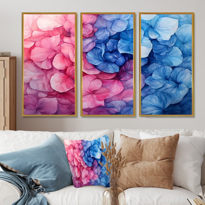 Hortensia coloré tourbillon II - art mural hortensia - ensemble de 3, H 28 po x l 36 po, Doré
