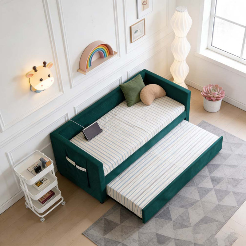 modern velvet daybed, sturdy wooden bed frame, Emerald