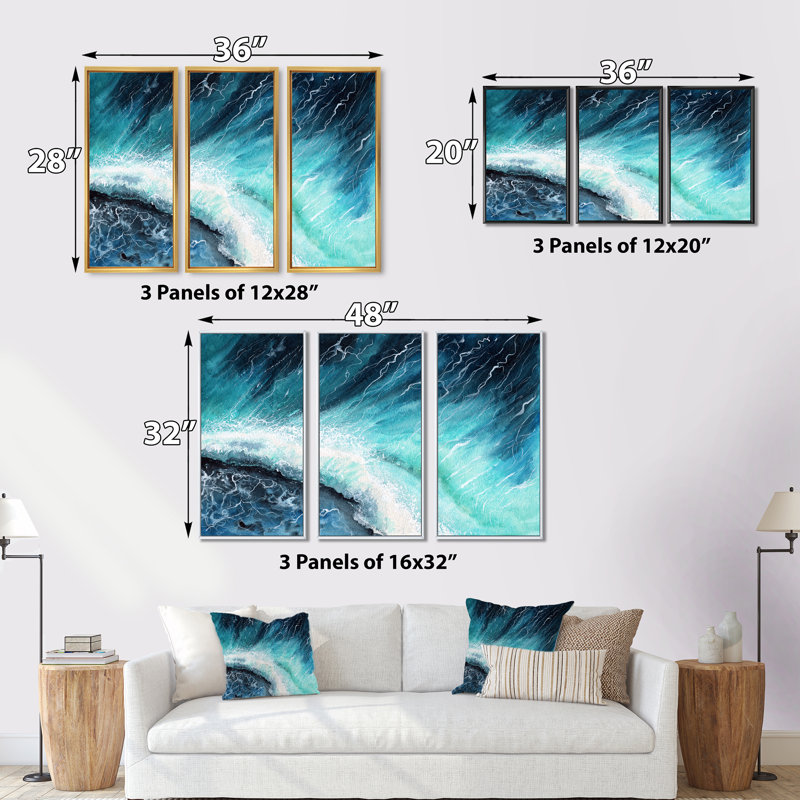 Bleu marine, vagues de l'océan et écume de mer blanche - impression sur toile 3 pièces, Noir, H 28 po x l 36 po