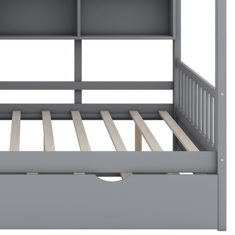 Lit de maison en bois avec lit gigogne, conception moderne pour enfants avec tablette de rangement, Gris