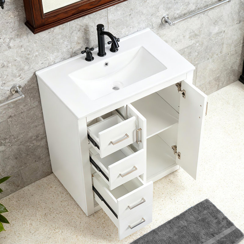 Ensemble de meuble-lavabo 30 po avec lavabo en céramique, ensemble de meuble-lavabo autoportant avec 3 tiroirs et portes à fermeture en douceur