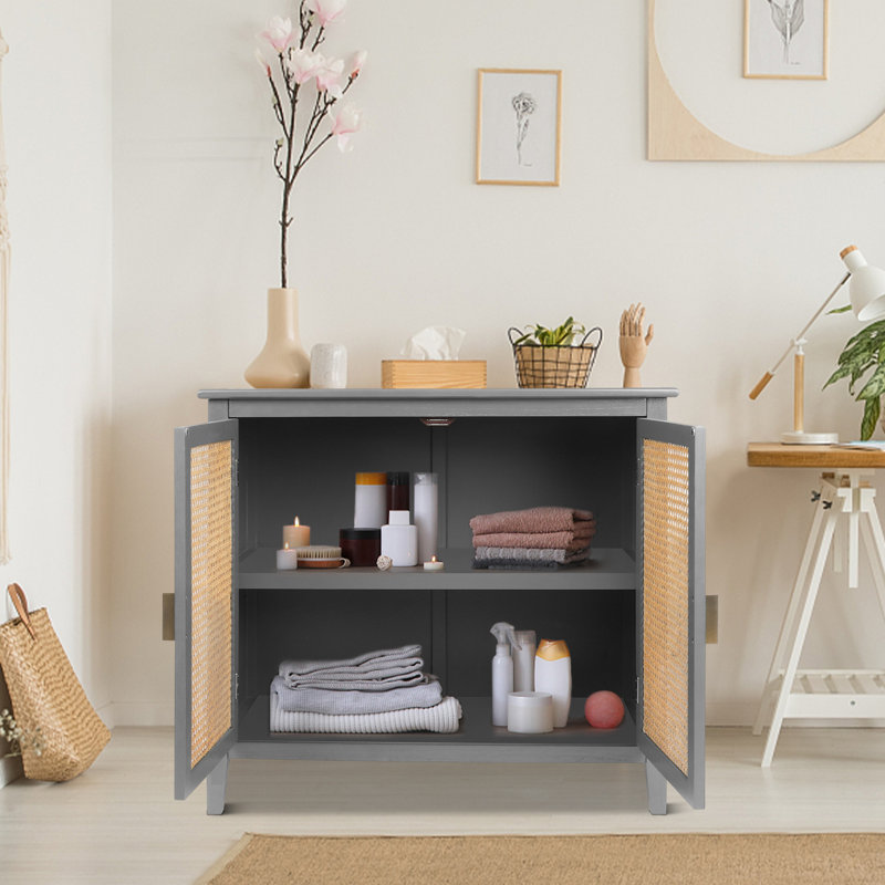 Buffet décoratif 2 portes Biehle, rotin naturel, gris