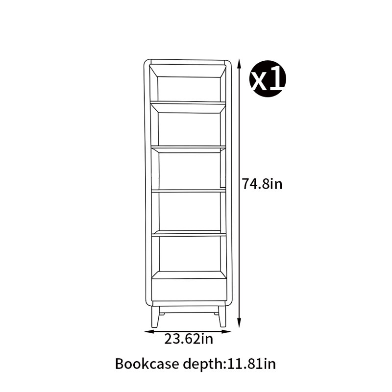 Nouvelle bibliothèque de style chinois, (5 tablettes) H 74,8 po x l 23,62 po x P 11,8 po, Marron foncé