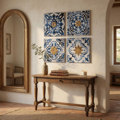 S/4 Abstract Blue, White, And Gold Wall Decor Accents, 9.5X9.5"