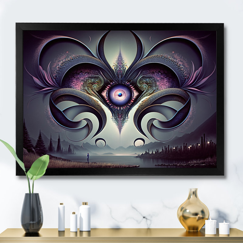 «Purple Eye Landscape II», art mural moderne sur toile géométrique, Cadre d'angle fermé noir, L 20 po x H 12 po