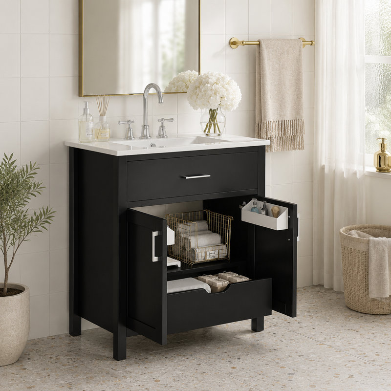 Meuble-lavabo autoportant classique noir avec quincaillerie chromée et rangement superposé